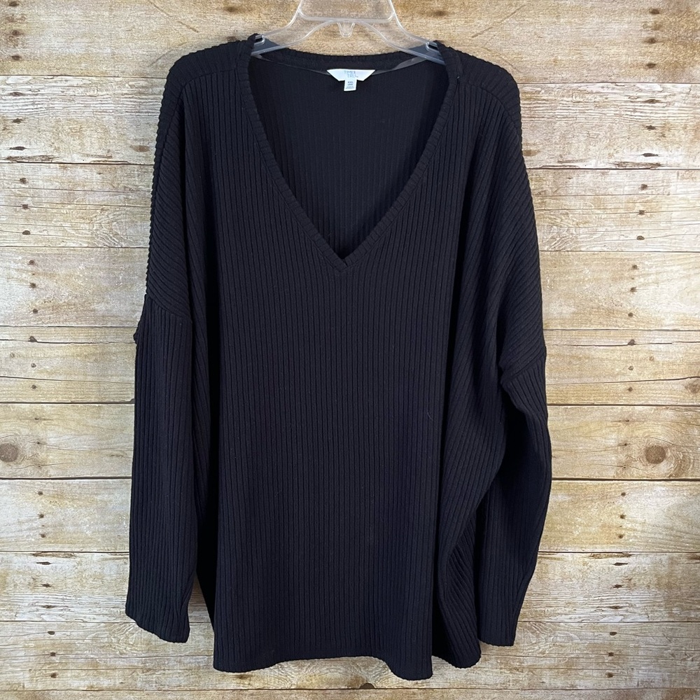 Time and Tru Black Sweater Ribbed Knit V-Neck Drop Shoulder Size XXL (20) EUC